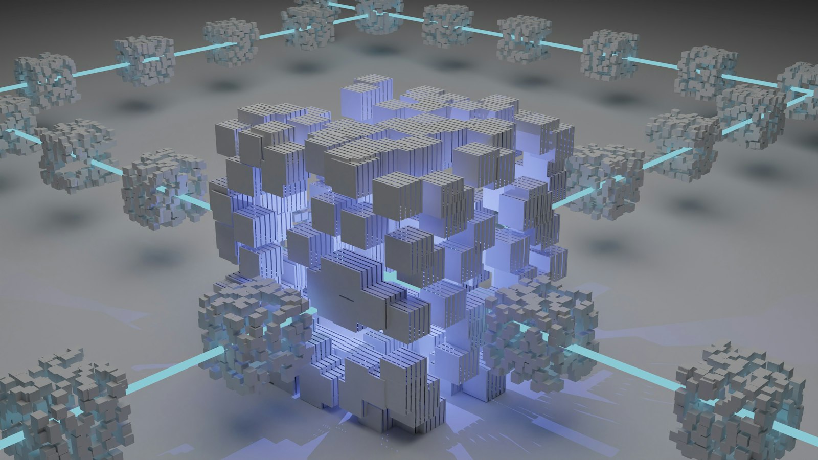 Abstract blockchain ledger visualisation with soft cyan light.