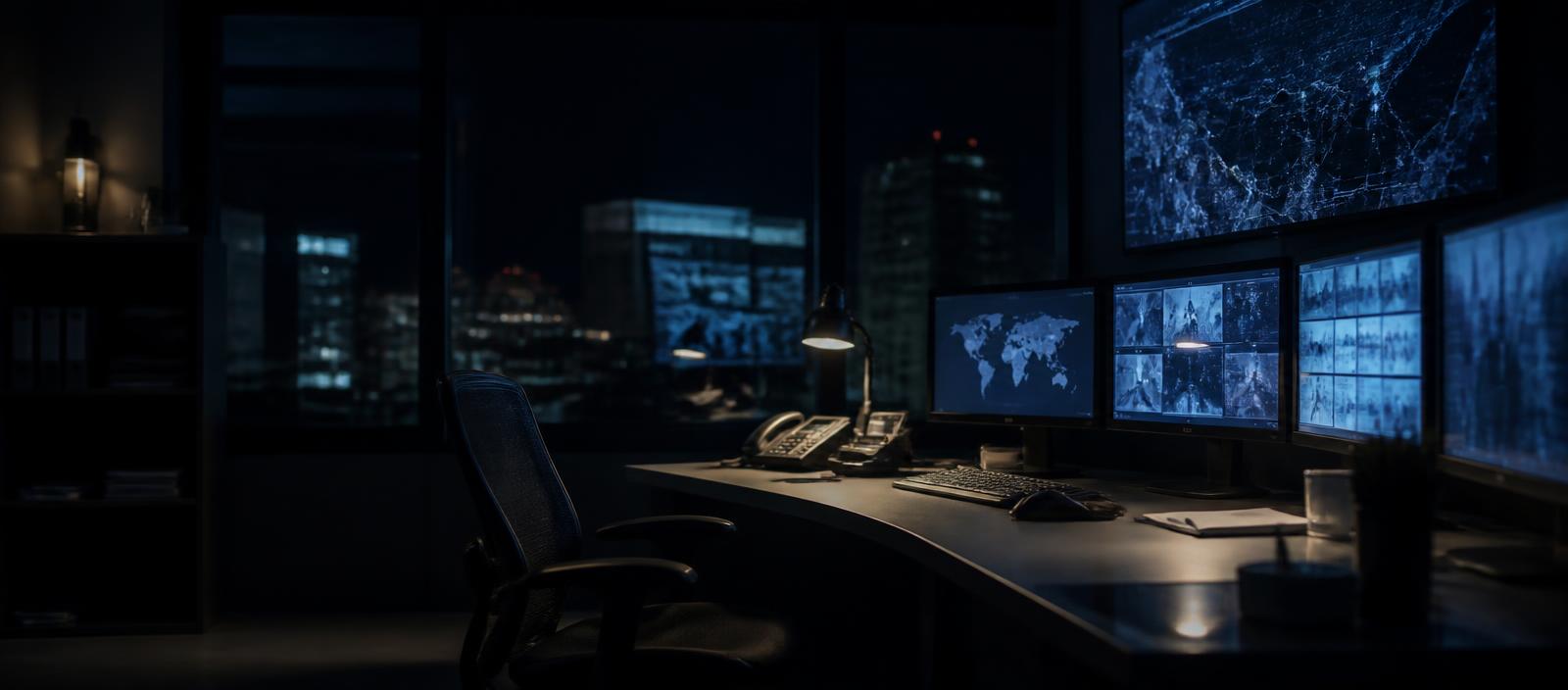 A quiet operations desk at night with monitors glowing