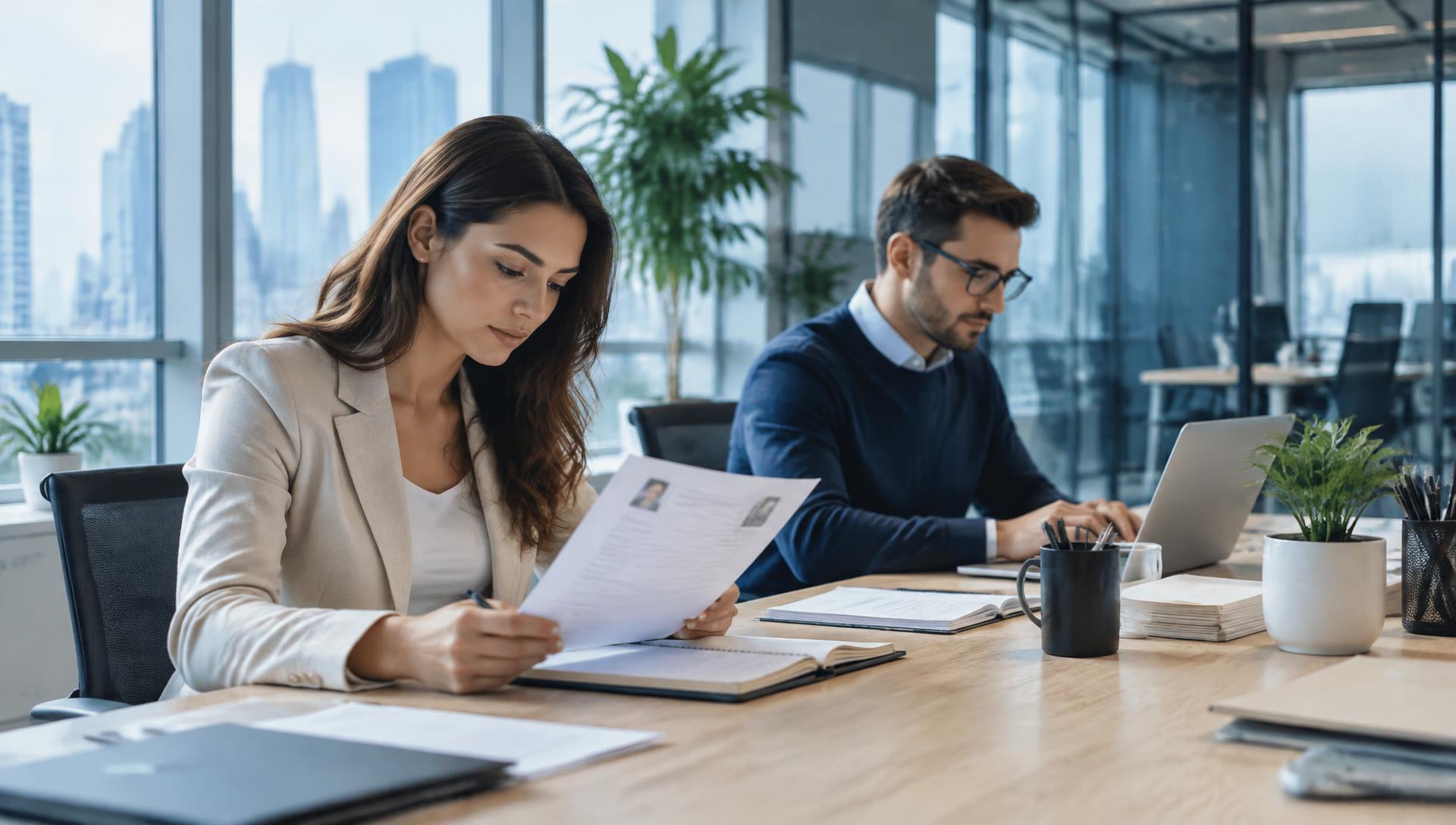 Recruiting colleagues reviewing evidence and sourcing candidates at a shared desk.